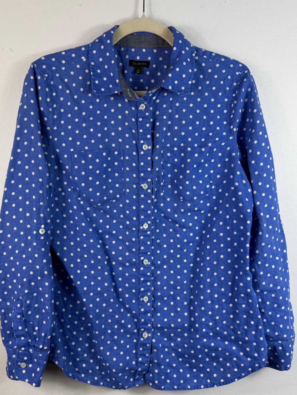 Talbots Womens 100% Linen Polka Dot Roll Tab Long Sleeve Button Up Shirt size M